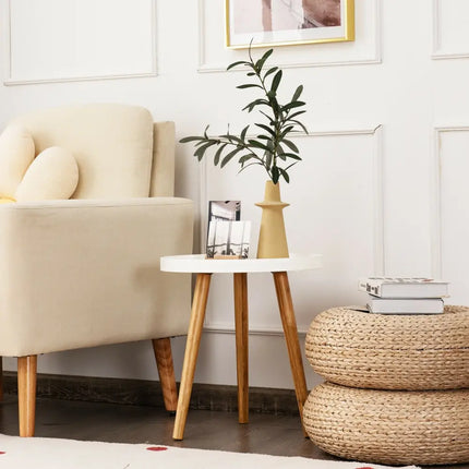 Round Side Sofa Coffee Table with Wooden Tray - White - Living Room
