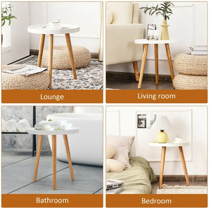 Round Side Sofa Coffee Table with Wooden Tray - White - Living Room