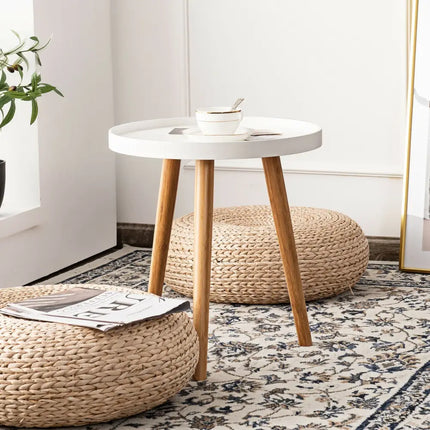 Round Side Sofa Coffee Table with Wooden Tray - White - Living Room
