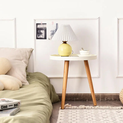 Round Side Sofa Coffee Table with Wooden Tray - White - Living Room