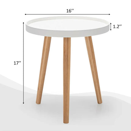 Round Side Sofa Coffee Table with Wooden Tray - White - Living Room