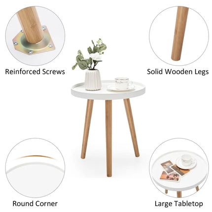 Round Side Sofa Coffee Table with Wooden Tray - White - Living Room