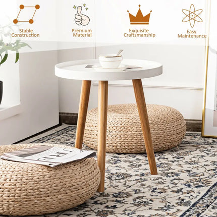 Round Side Sofa Coffee Table with Wooden Tray - White - Living Room