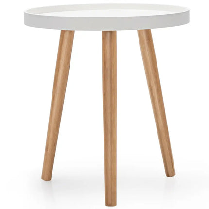 Round Side Sofa Coffee Table with Wooden Tray - White - Living Room