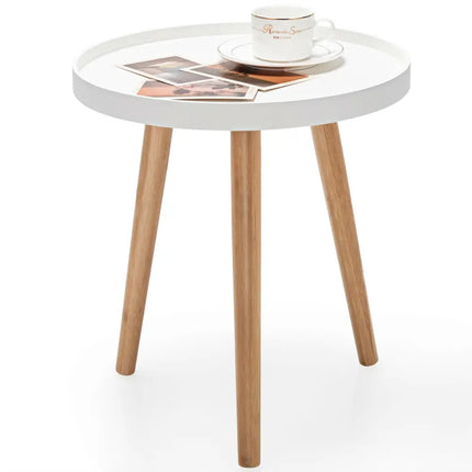 Round Side Sofa Coffee Table with Wooden Tray - White - Living Room