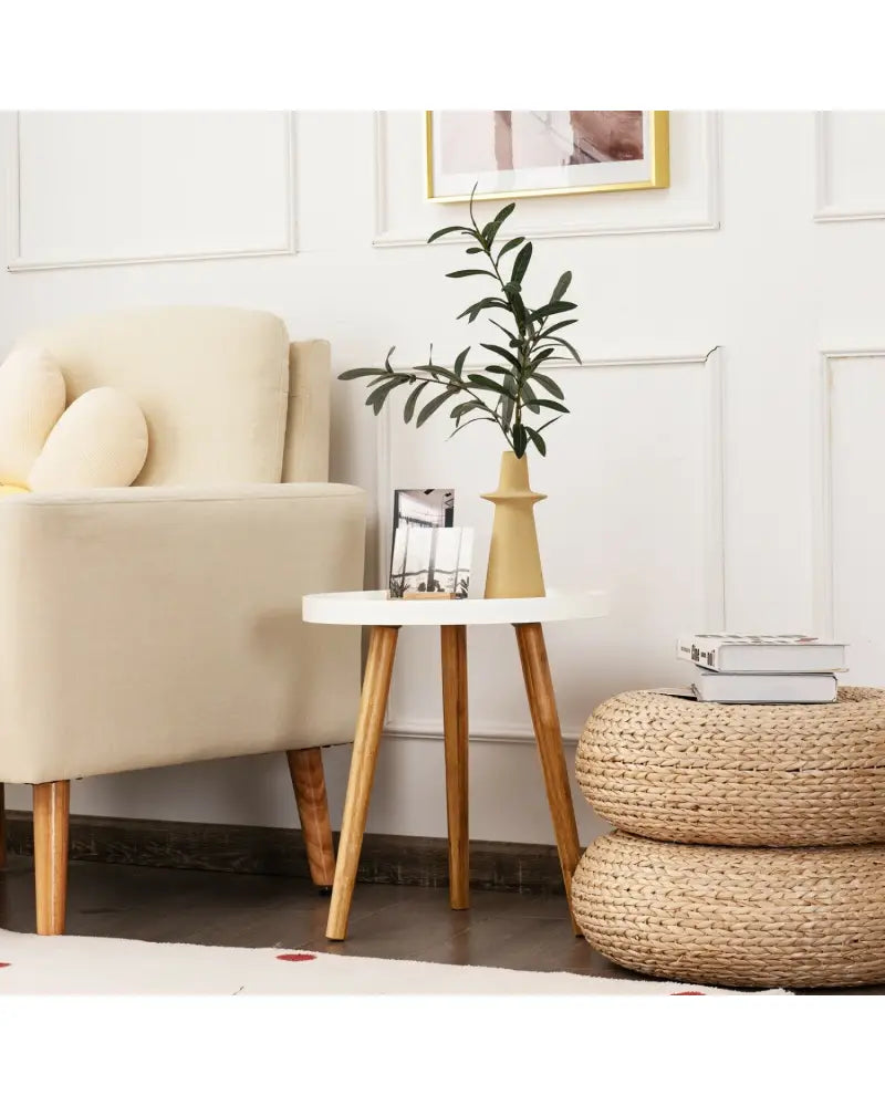 Round Side Sofa Coffee Table with Wooden Tray - White - Coffee Tables