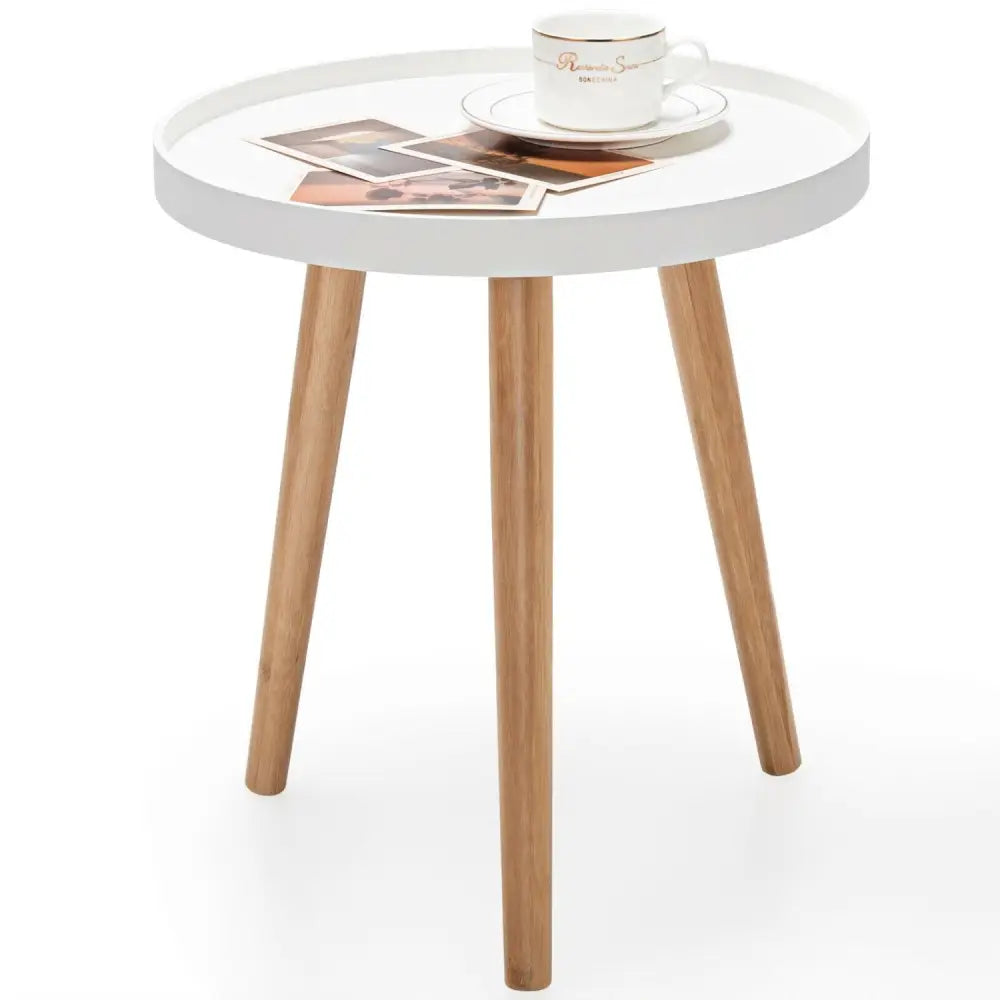 Round Side Sofa Coffee Table with Wooden Tray - White - Coffee Tables