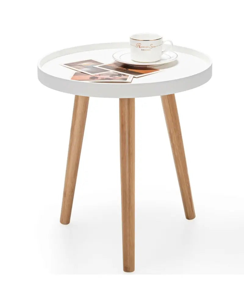 Round Side Sofa Coffee Table with Wooden Tray - White - Coffee Tables