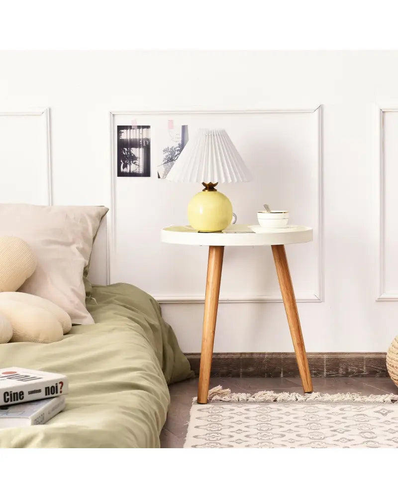 Round Side Sofa Coffee Table with Wooden Tray - White - Coffee Tables