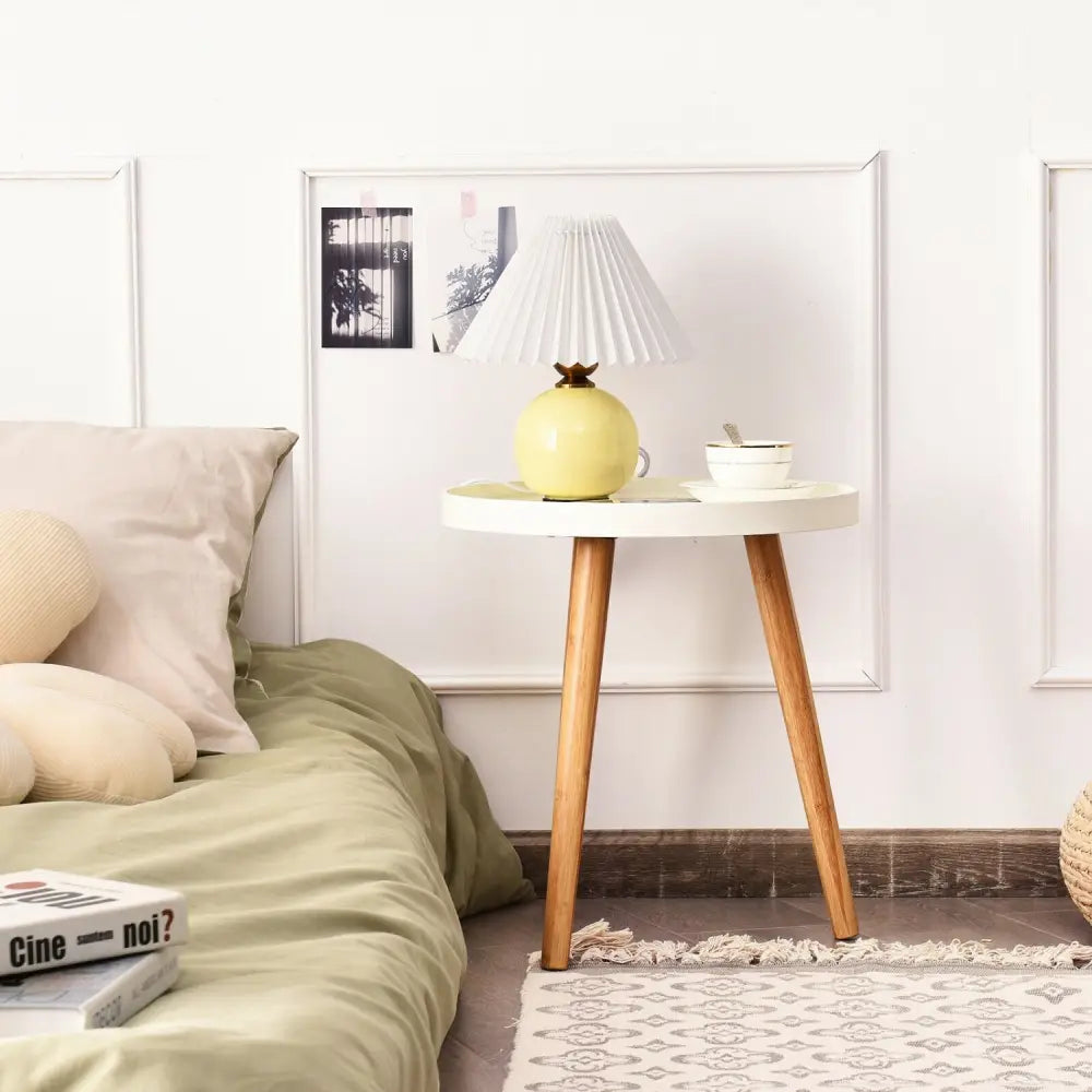 Round Side Sofa Coffee Table with Wooden Tray - White - Coffee Tables