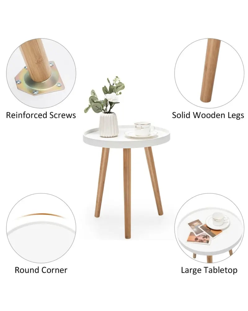 Round Side Sofa Coffee Table with Wooden Tray - White - Coffee Tables