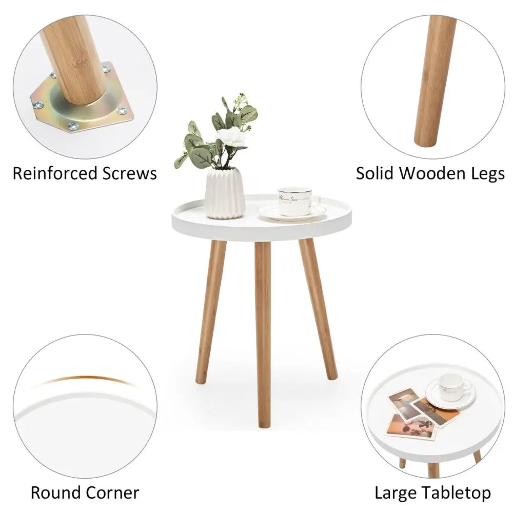 Round Side Sofa Coffee Table with Wooden Tray - White - Coffee Tables