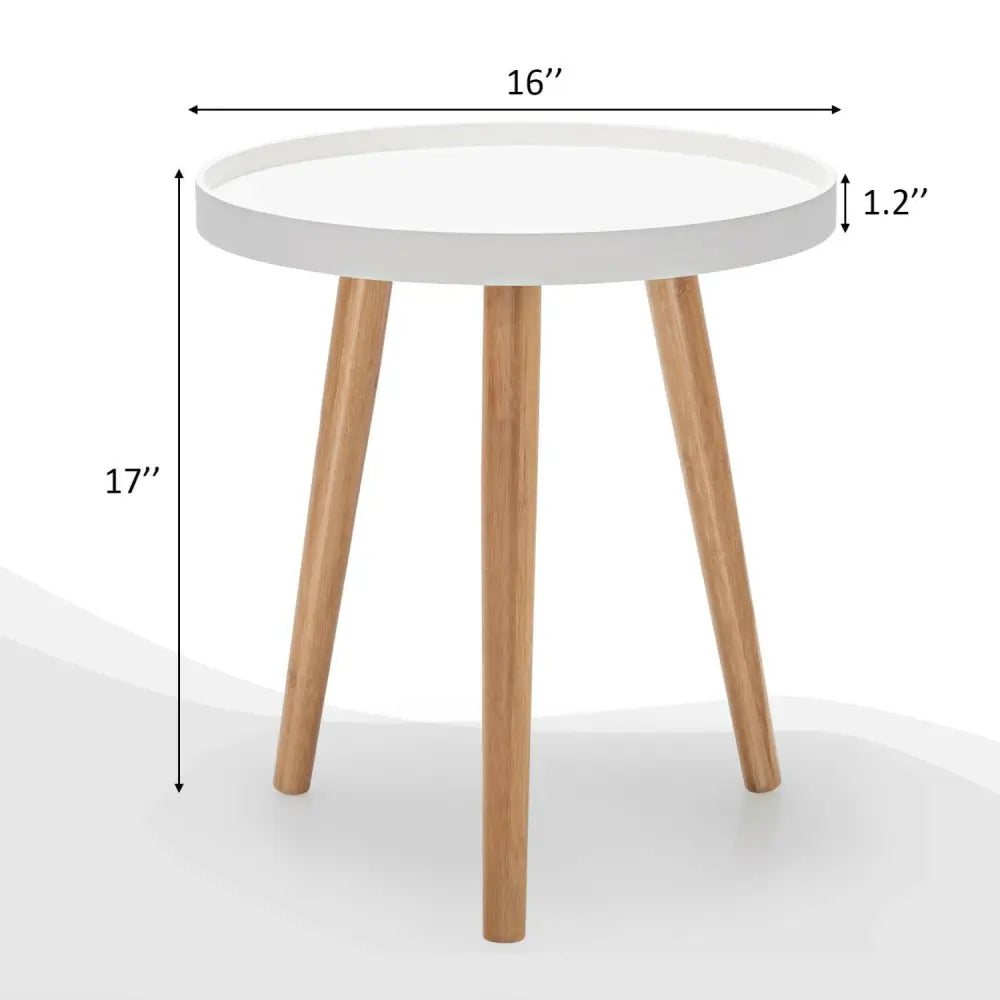 Round Side Sofa Coffee Table with Wooden Tray - White - Coffee Tables