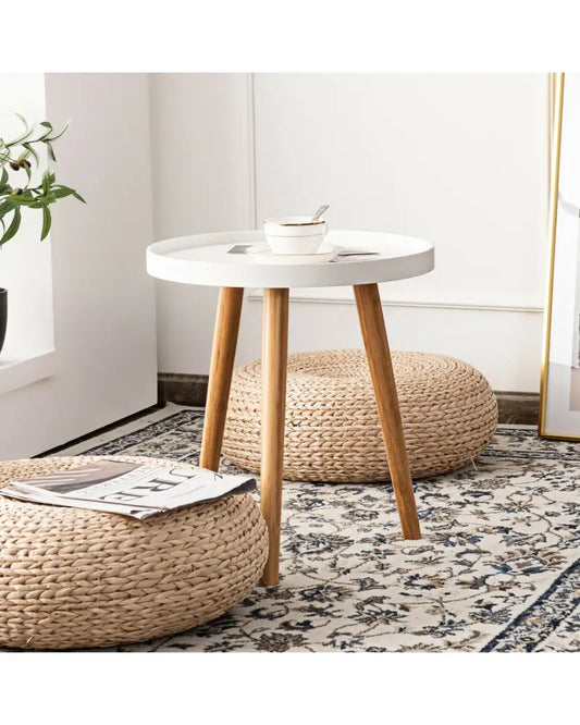 Round Side Sofa Coffee Table with Wooden Tray - White - Coffee Tables