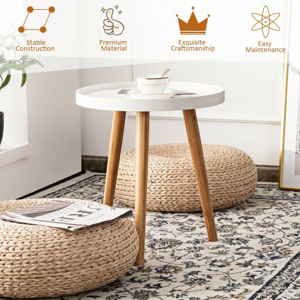 Round Side Sofa Coffee Table with Wooden Tray - White - Coffee Tables