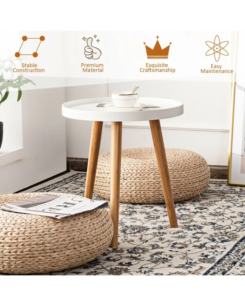 Round Side Sofa Coffee Table with Wooden Tray - White - Coffee Tables