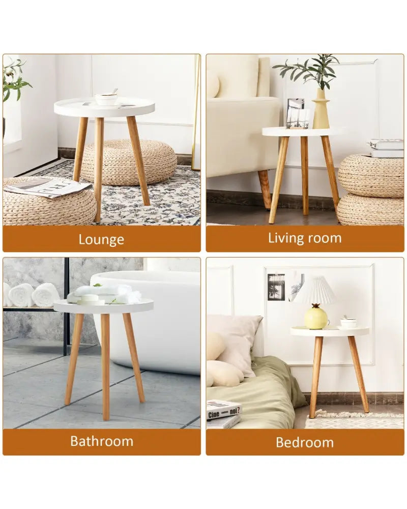 Round Side Sofa Coffee Table with Wooden Tray - White - Coffee Tables