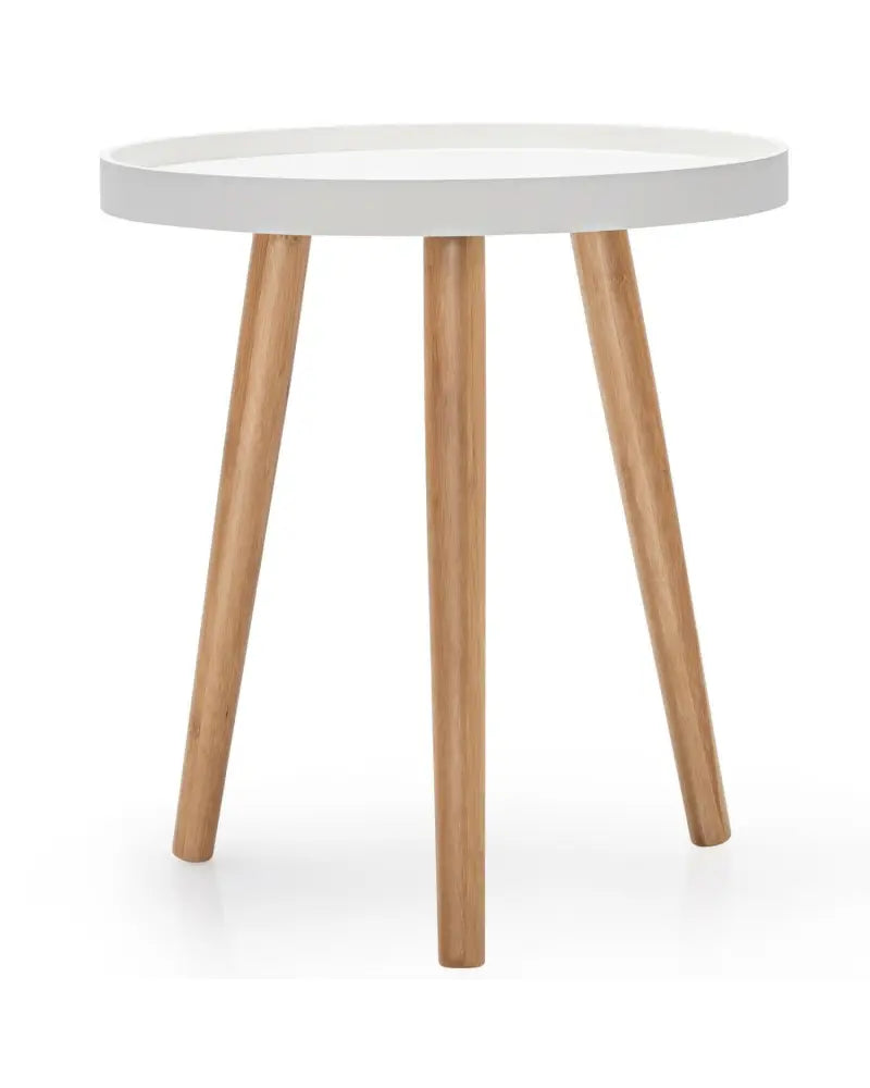 Round Side Sofa Coffee Table with Wooden Tray - White - Coffee Tables