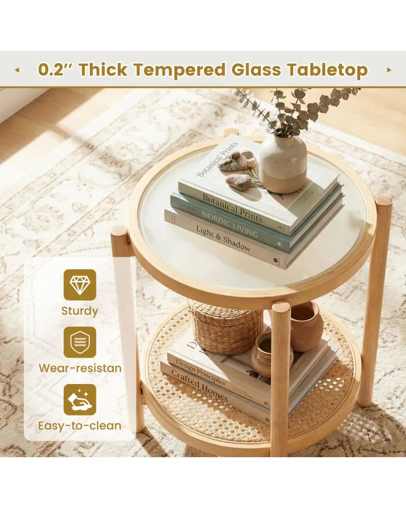 Round Side Table 2-Tier Boho End Table with Tempered Glass Top-Natural - Natural - End & Side Tables