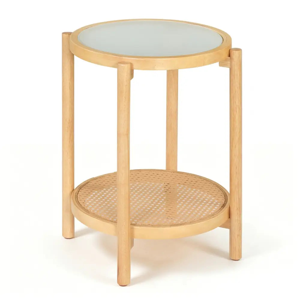 Round Side Table 2-Tier Boho End Table with Tempered Glass Top-Natural - Natural - End & Side Tables