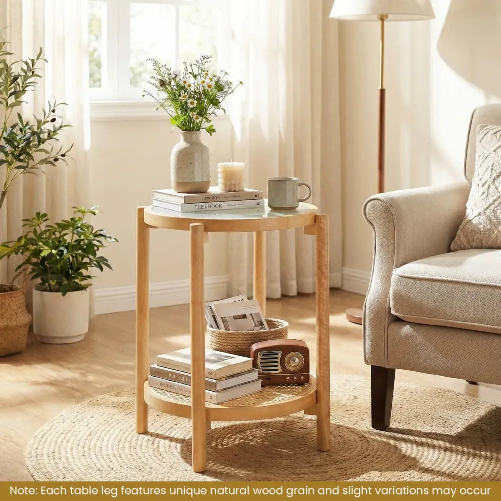 Round Side Table 2-Tier Boho End Table with Tempered Glass Top-Natural - Natural - End & Side Tables
