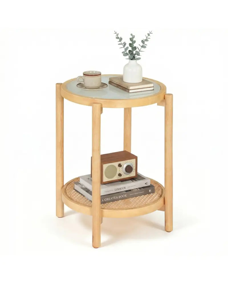 Round Side Table 2-Tier Boho End Table with Tempered Glass Top-Natural - Natural - End & Side Tables