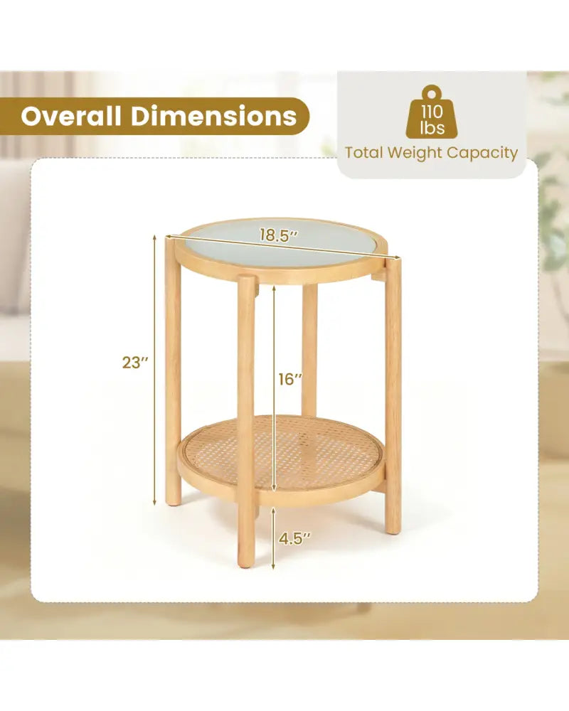 Round Side Table 2-Tier Boho End Table with Tempered Glass Top-Natural - Natural - End & Side Tables