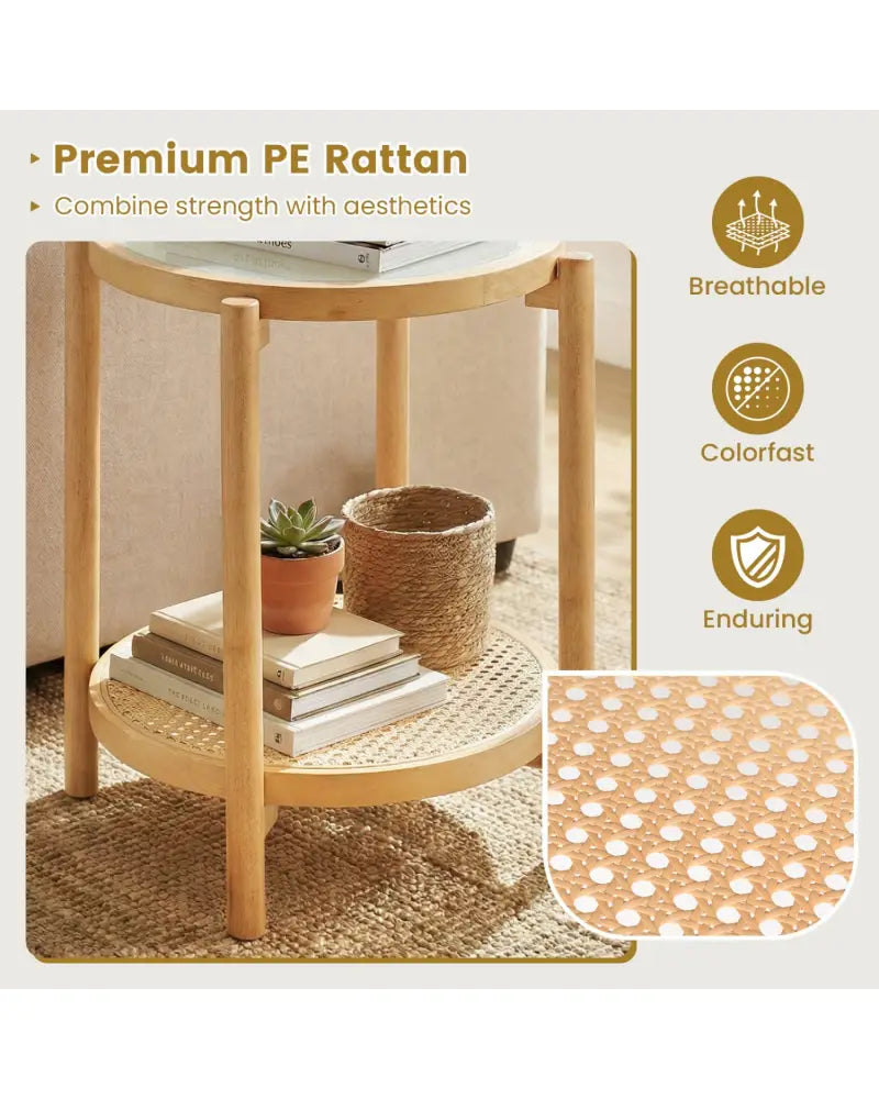 Round Side Table 2-Tier Boho End Table with Tempered Glass Top-Natural - Natural - End & Side Tables