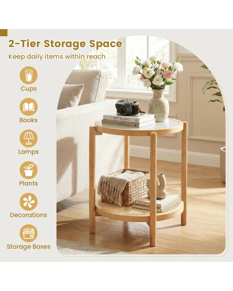 Round Side Table 2-Tier Boho End Table with Tempered Glass Top-Natural - Natural - End & Side Tables