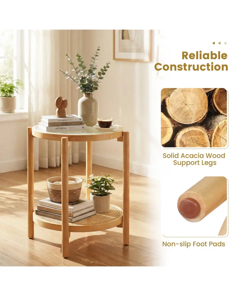 Round Side Table 2-Tier Boho End Table with Tempered Glass Top-Natural - Natural - End & Side Tables