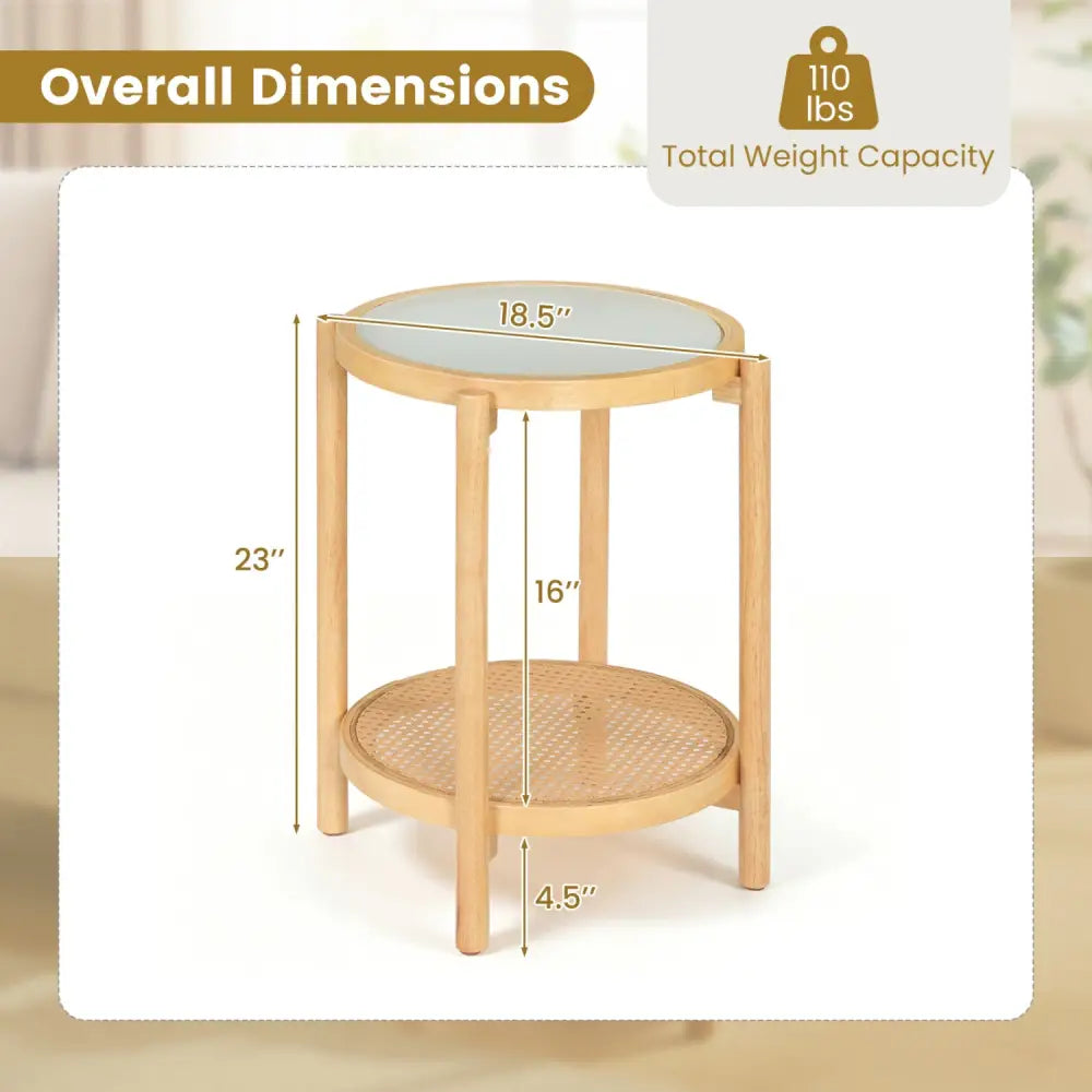 Round Side Table 2-Tier Boho End Table with Tempered Glass Top-Natural - Natural - End & Side Tables