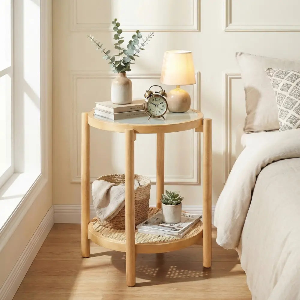 Round Side Table 2-Tier Boho End Table with Tempered Glass Top-Natural - Natural - End & Side Tables