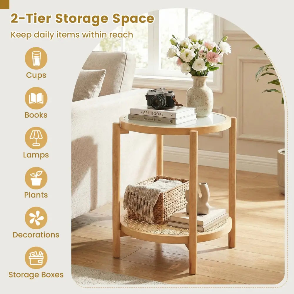 Round Side Table 2-Tier Boho End Table with Tempered Glass Top-Natural - Natural - End & Side Tables
