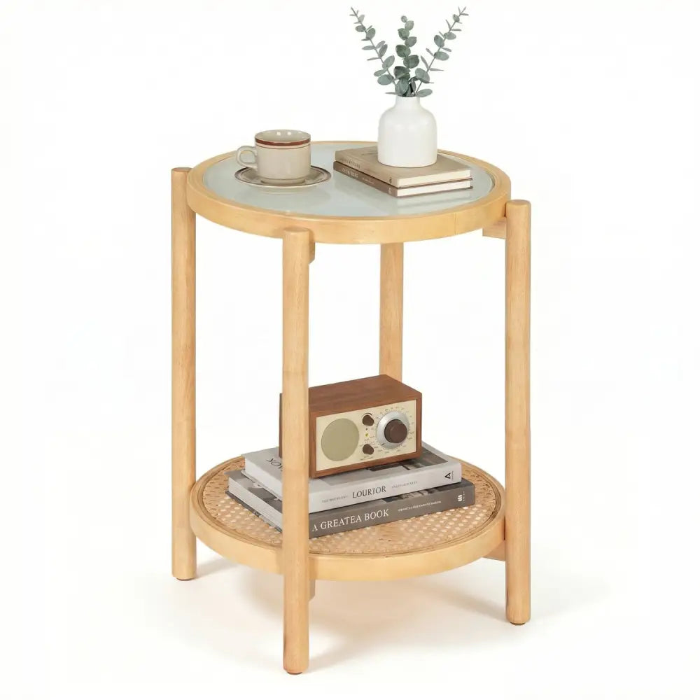 Round Side Table 2-Tier Boho End Table with Tempered Glass Top-Natural - Natural - End & Side Tables