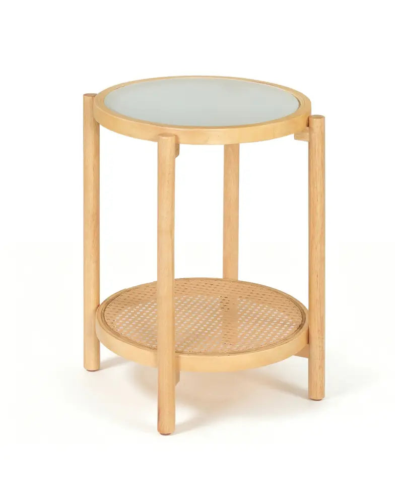 Round Side Table 2-Tier Boho End Table with Tempered Glass Top-Natural - Natural - End & Side Tables
