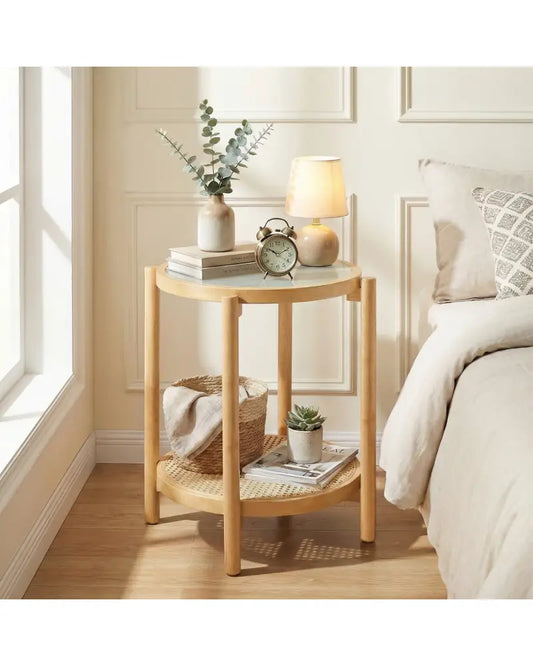 Round Side Table 2-Tier Boho End Table with Tempered Glass Top-Natural - Natural - End & Side Tables