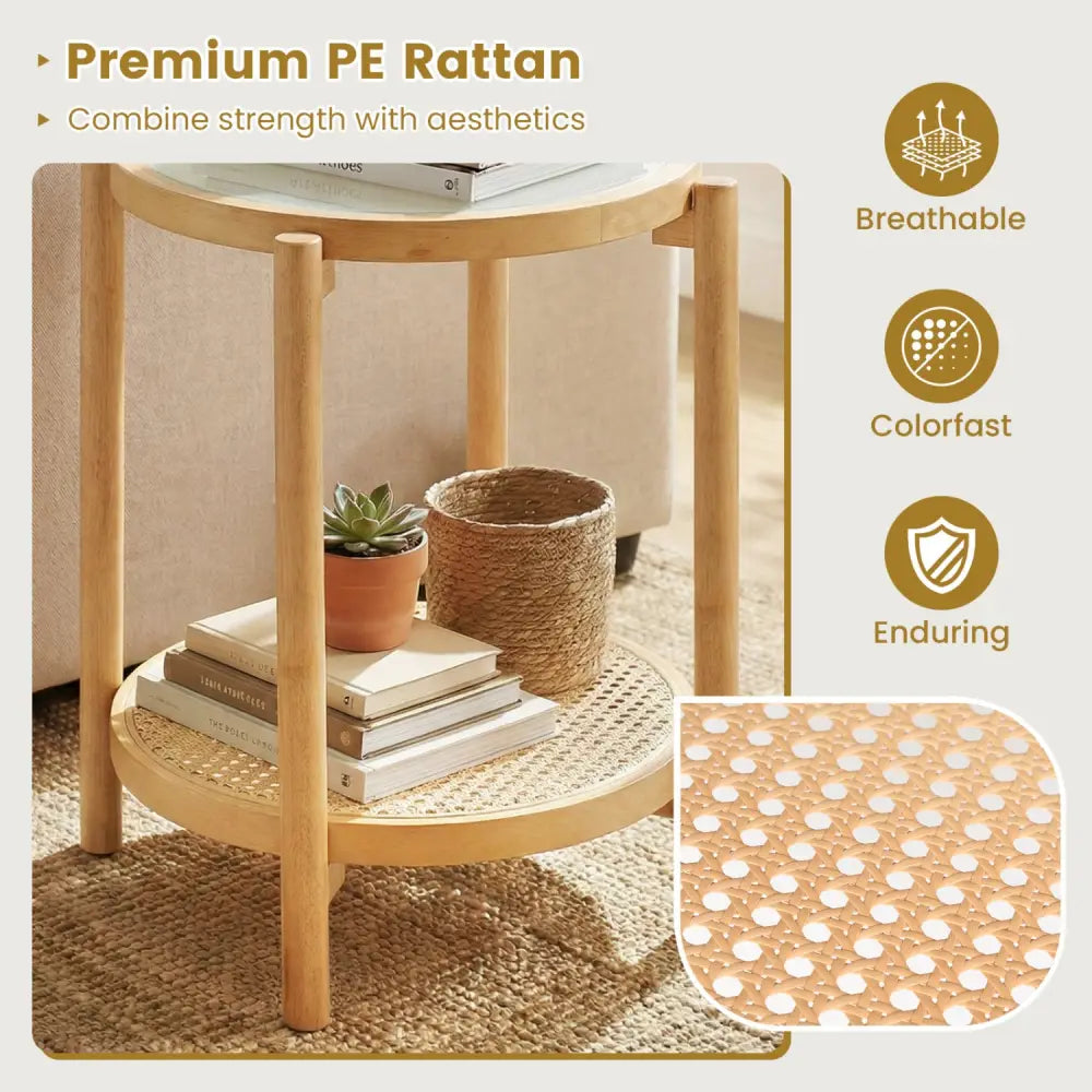 Round Side Table 2-Tier Boho End Table with Tempered Glass Top-Natural - Natural - End & Side Tables