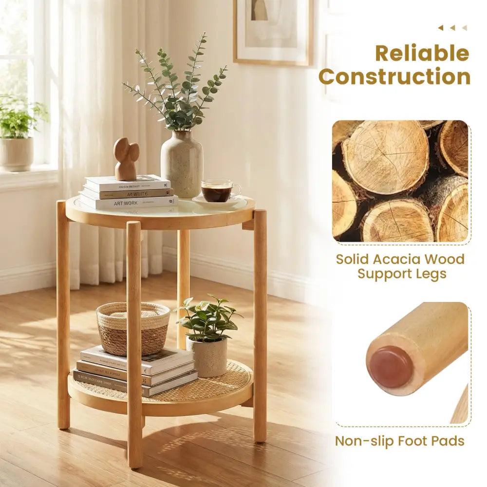 Round Side Table 2-Tier Boho End Table with Tempered Glass Top-Natural - Natural - End & Side Tables