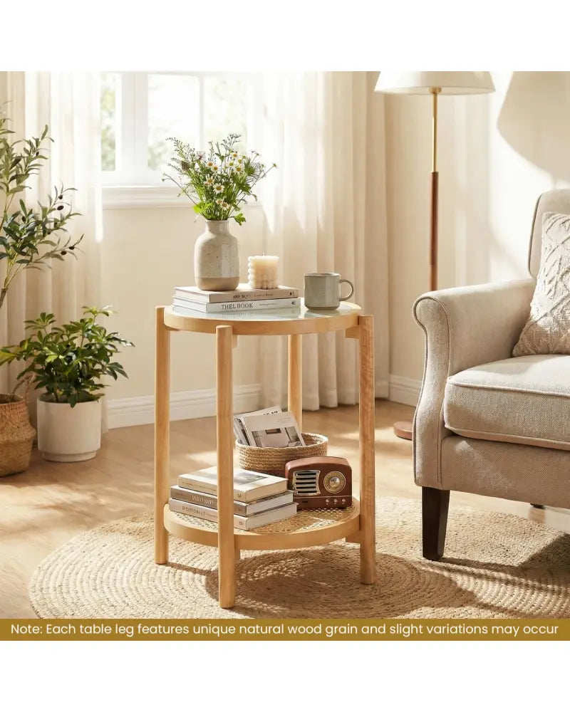 Round Side Table 2-Tier Boho End Table with Tempered Glass Top-Natural - Natural - End & Side Tables