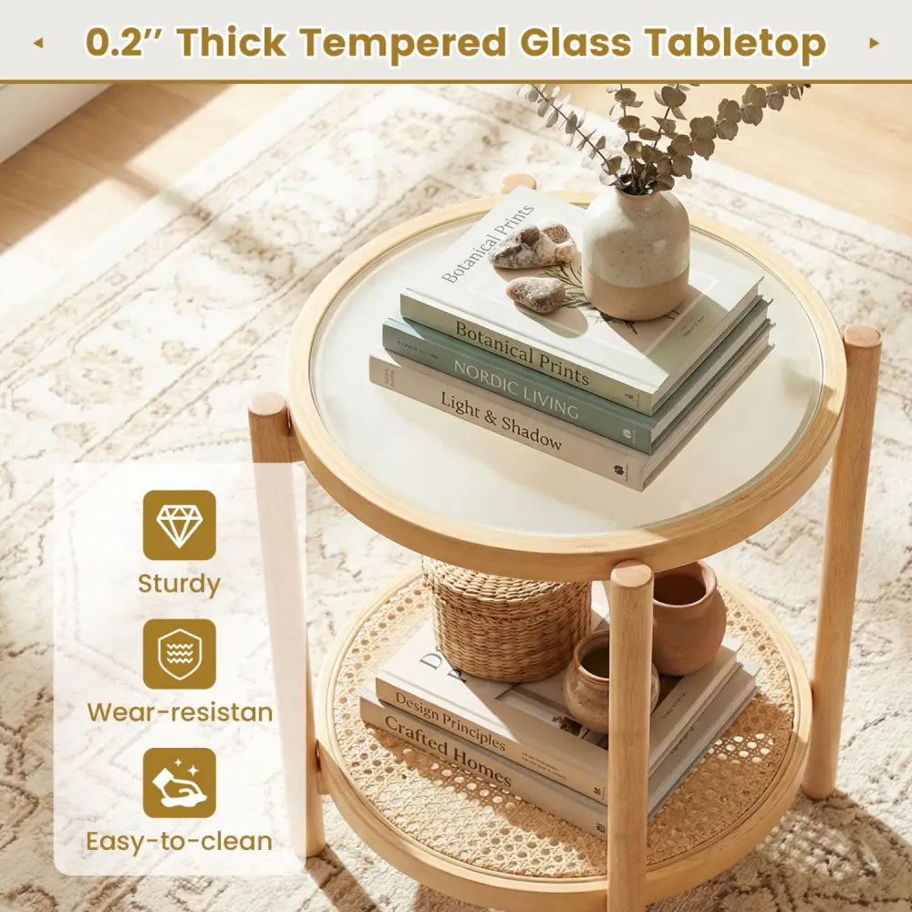 Round Side Table 2-Tier Boho End Table with Tempered Glass Top-Natural - Natural - End & Side Tables