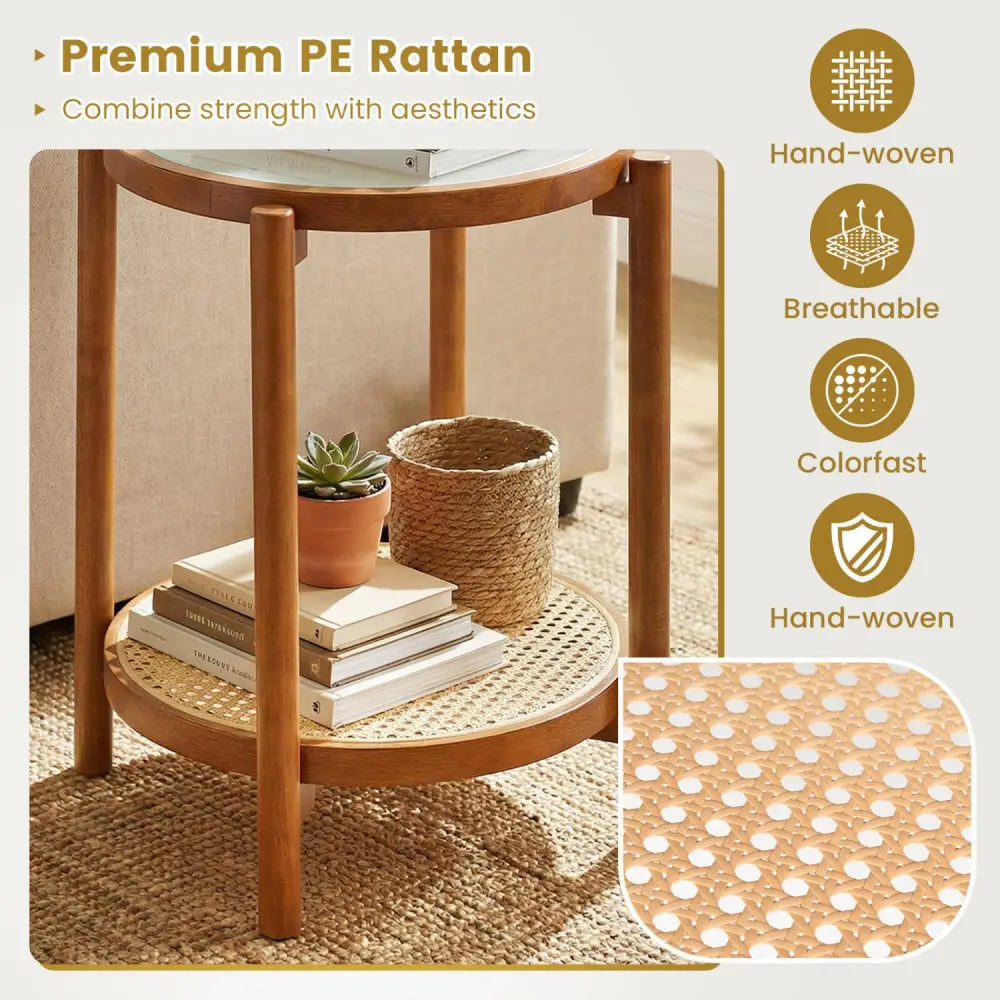Round Side Table 2-Tier Boho End Table with Tempered Glass Top-Walnut - Walnut - End & Side Tables