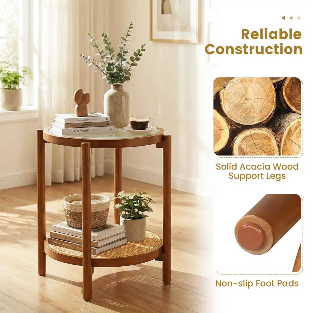 Round Side Table 2-Tier Boho End Table with Tempered Glass Top-Walnut - Walnut - End & Side Tables