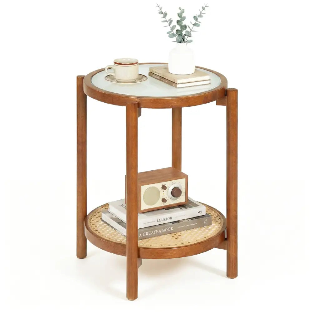 Round Side Table 2-Tier Boho End Table with Tempered Glass Top-Walnut - Walnut - End & Side Tables