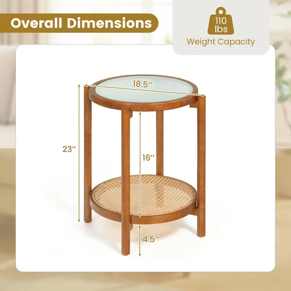 Round Side Table 2-Tier Boho End Table with Tempered Glass Top-Walnut - Walnut - End & Side Tables
