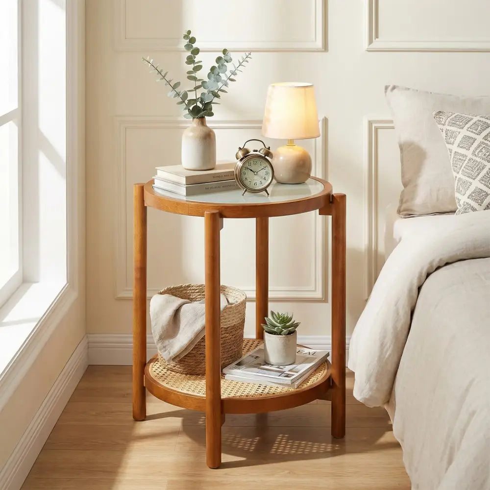 Round Side Table 2-Tier Boho End Table with Tempered Glass Top-Walnut - Walnut - End & Side Tables