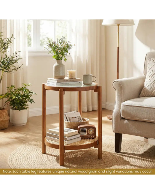Round Side Table 2-Tier Boho End Table with Tempered Glass Top-Walnut - Walnut - End & Side Tables