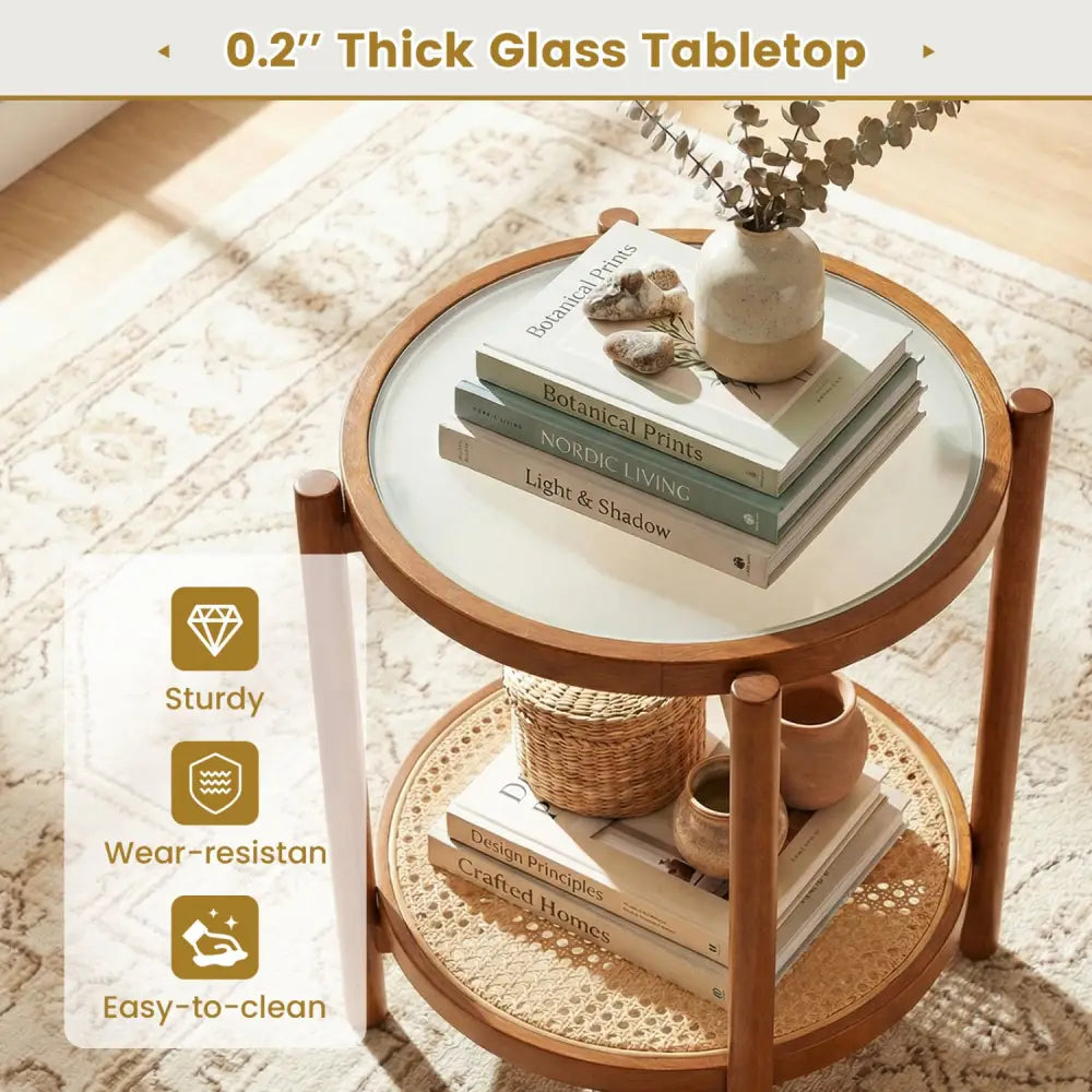 Round Side Table 2-Tier Boho End Table with Tempered Glass Top-Walnut - Walnut - End & Side Tables