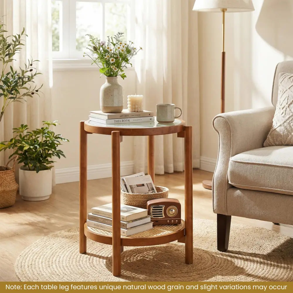 Round Side Table 2-Tier Boho End Table with Tempered Glass Top-Walnut - Walnut - End & Side Tables