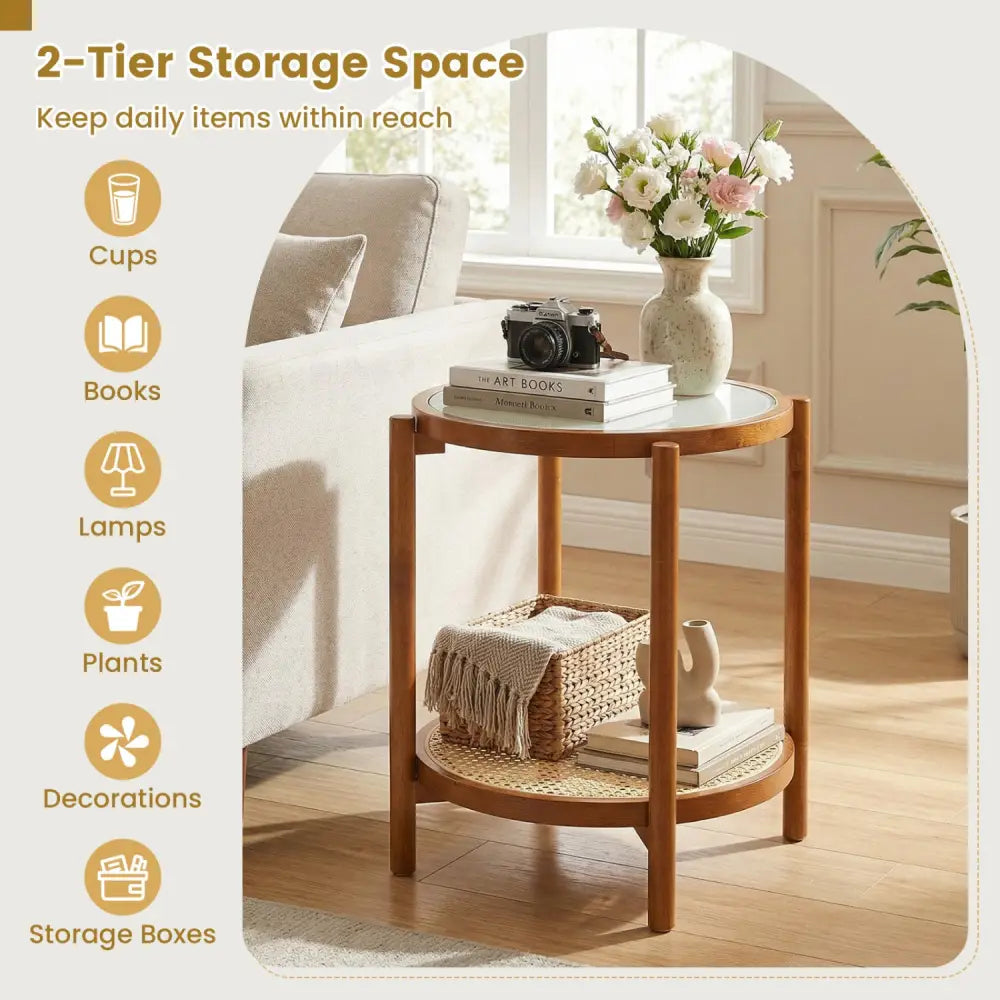 Round Side Table 2-Tier Boho End Table with Tempered Glass Top-Walnut - Walnut - End & Side Tables