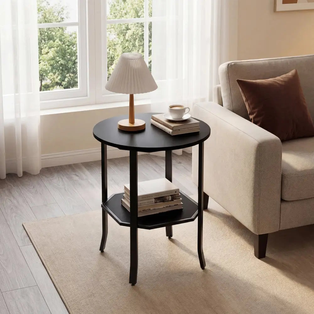 Round Side Table Small End Table with Storage Shelf 2-Tier Nightstand for Small Space-Black - Black - End & Side Tables